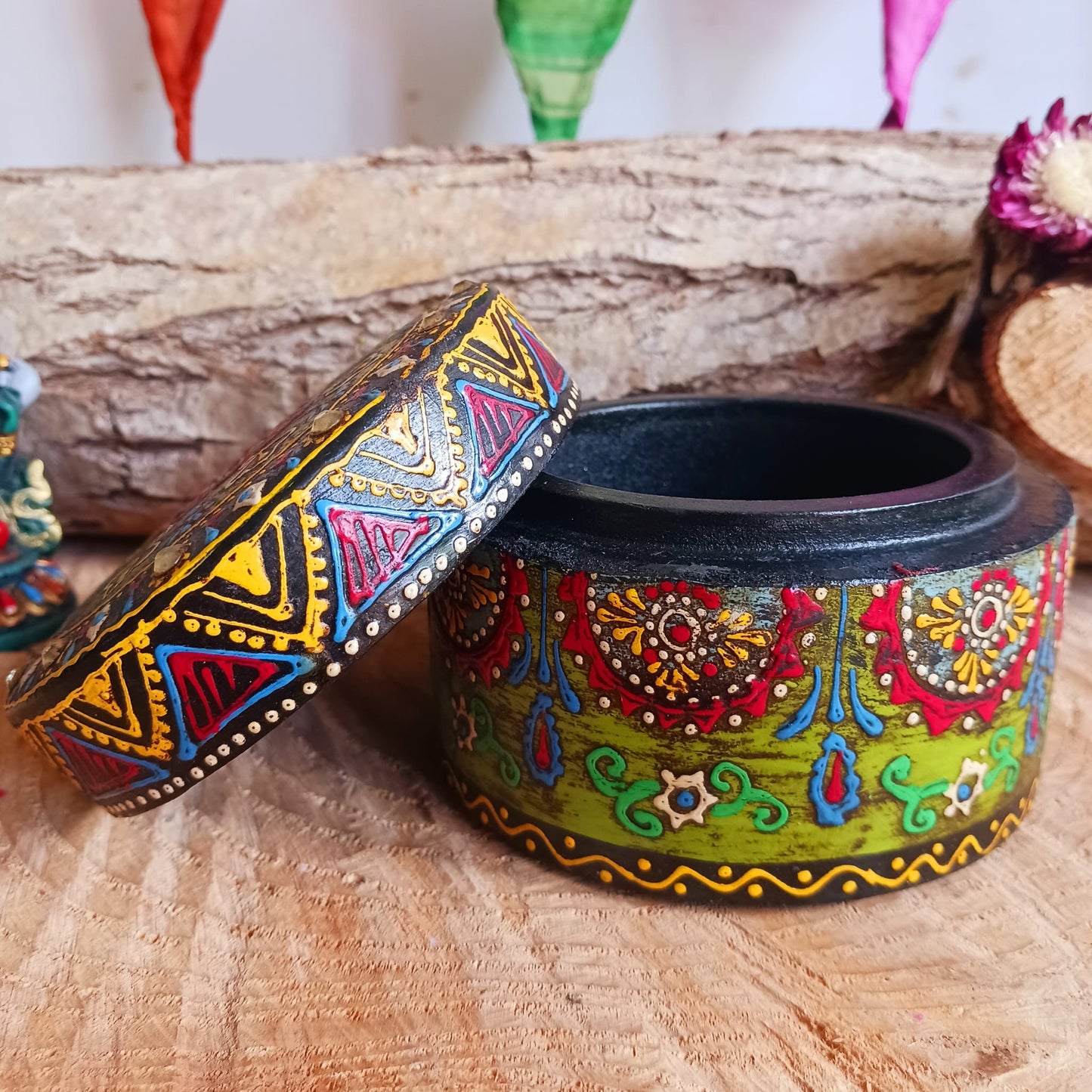 Hand painted Indian Round Jewellery Box | Trinket Box | Multi