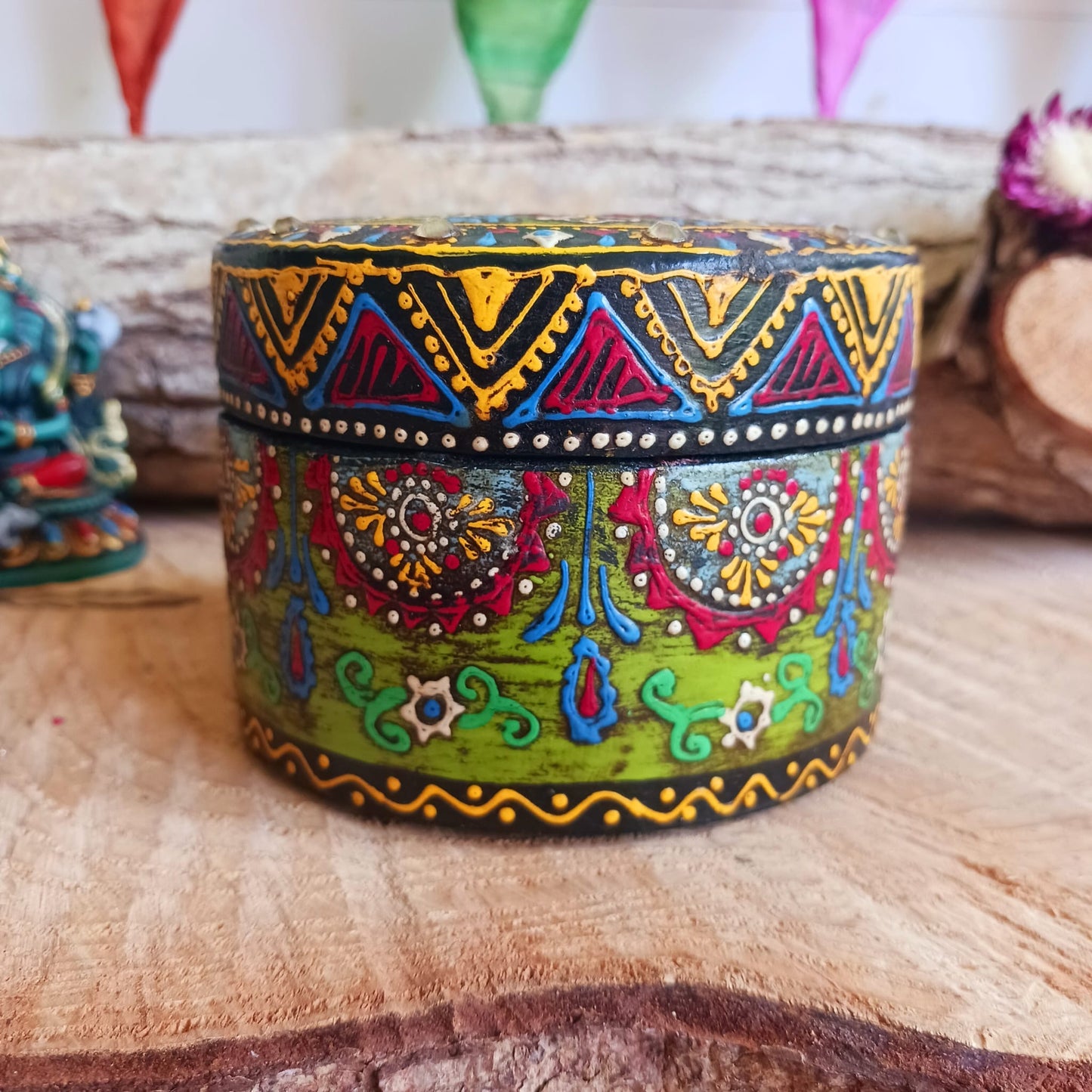 Hand painted Indian Round Jewellery Box | Trinket Box | Multi