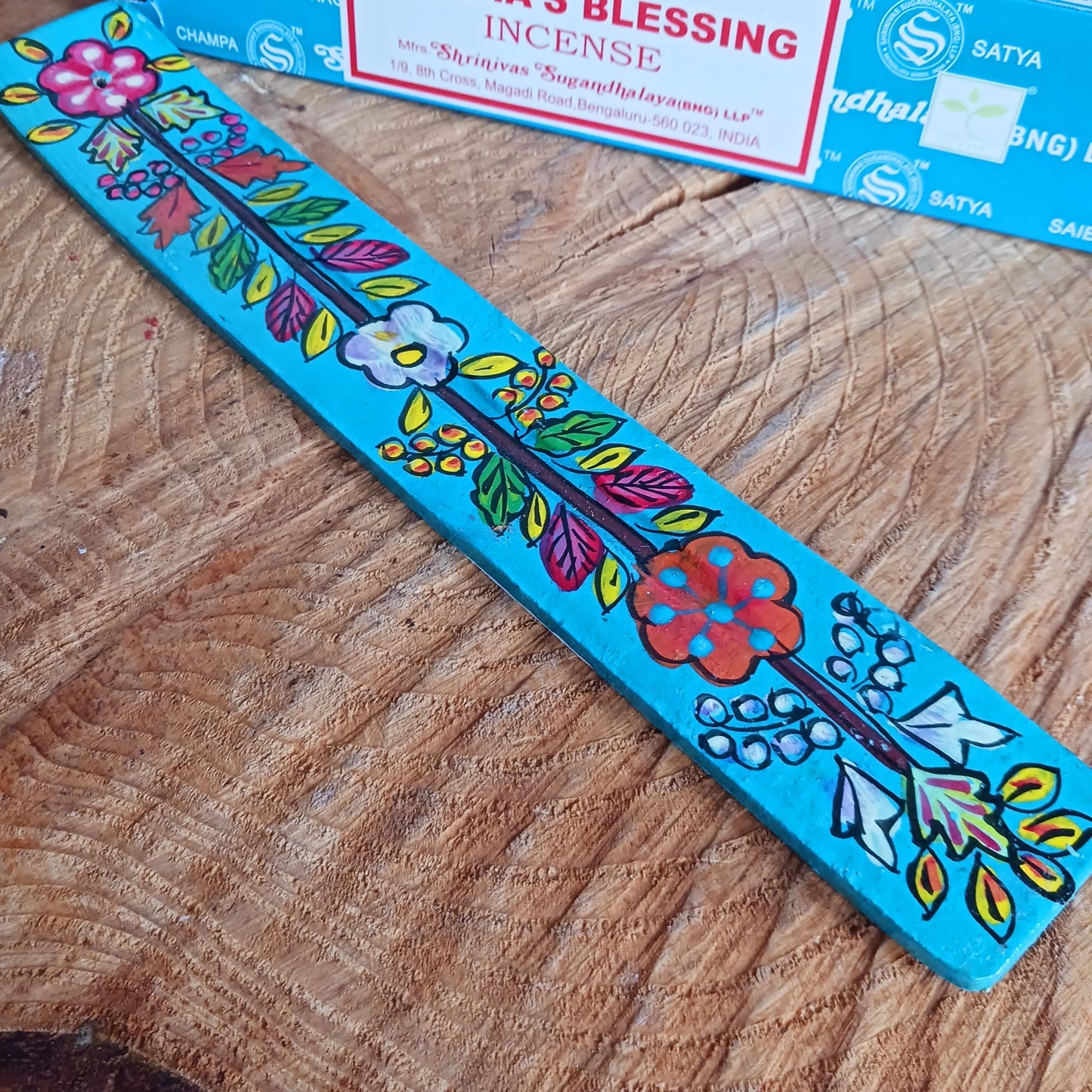 Hand Painted Wooden Incense Stick Holder Turquoise
