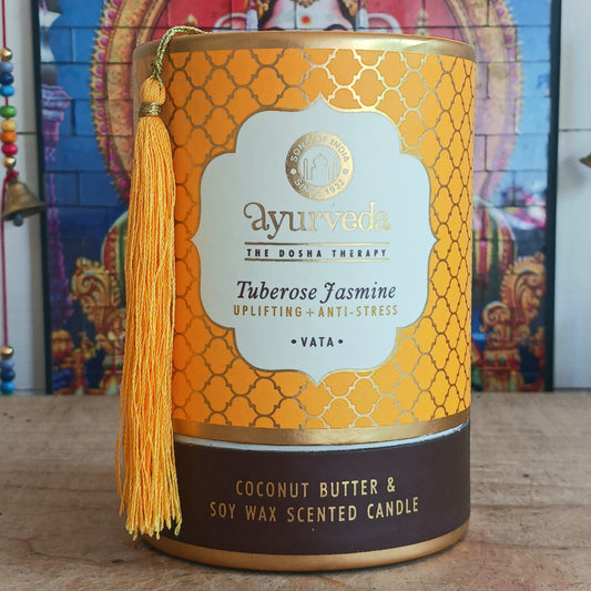 Song of India Ayurvedic scented candle made from luxurious coconut butter and soy wax, scented with the finest essential oils.  The notes of fresh Indian jasmine flowers combine fabulously with white blossoms of tuberose, to form an uplifting and stress relieving fragrance. Of great benefit to persons with vata dosha.