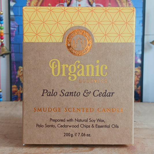 Song of India Organic Goodness soy wax candle, infused with natural smudge herbs and essential oils.  With the purifying and comforting aroma's of palo santo and cedarwood.
Hand poured in a decorative glass jar with flower of life pattern.