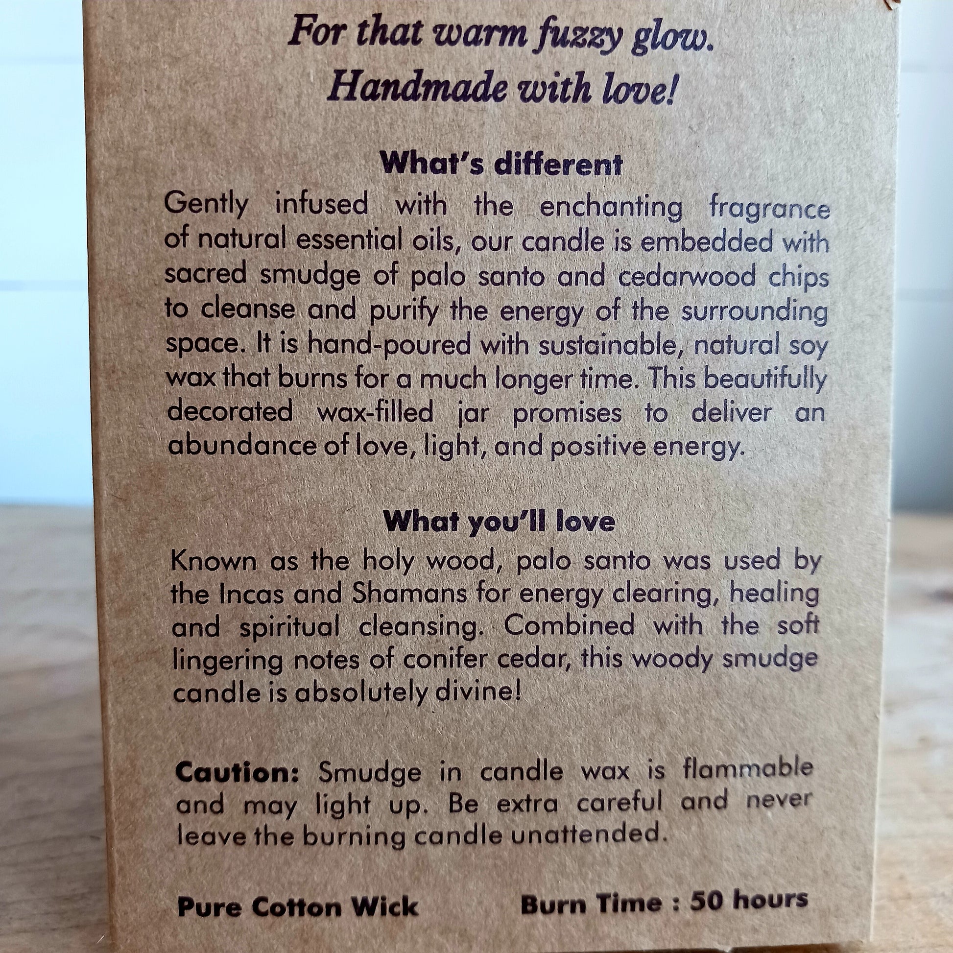 Song of India Organic Goodness soy wax candle, infused with natural smudge herbs and essential oils.  With the purifying and comforting aroma's of palo santo and cedarwood.
Hand poured in a decorative glass jar with flower of life pattern.