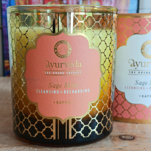yurvedic scented candle made from luxurious coconut butter and soy wax, scented with the finest essential oils.  This earthy blend of holy sage cleanses the surroundings, while the cooling properties of mint leaves keep you charged and invigorated all day. Fits best to people with kapha dosha.