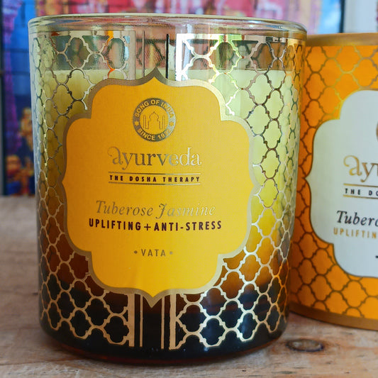 Song of India Ayurvedic scented candle made from luxurious coconut butter and soy wax, scented with the finest essential oils.  The notes of fresh Indian jasmine flowers combine fabulously with white blossoms of tuberose, to form an uplifting and stress relieving fragrance. Of great benefit to persons with vata dosha.