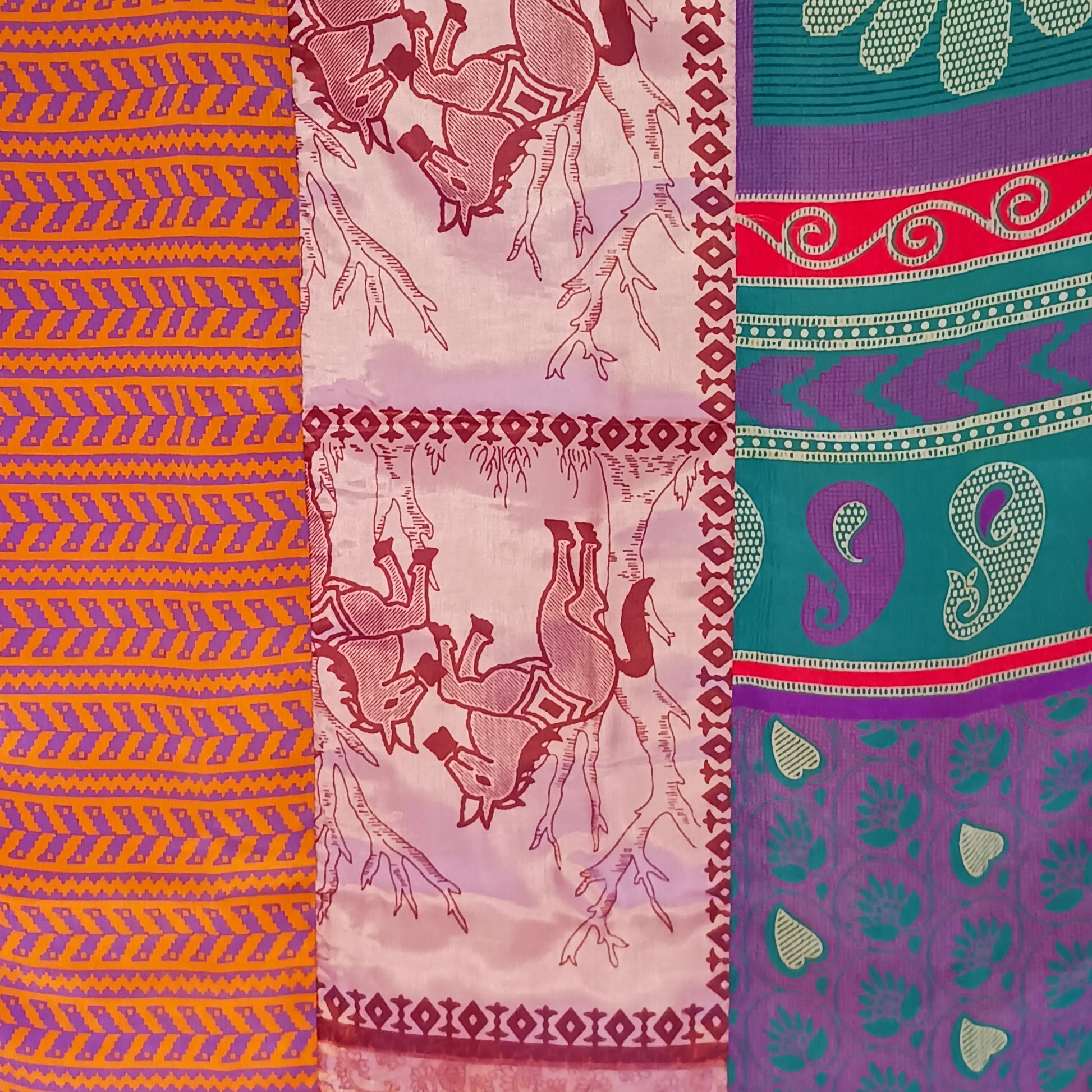 These beautiful curtains are handmade from assorted panels of Indian sari fabric, hand crafted into beautiful recycled curtain panels. The combined varieties of silky soft material are made with an easy to mount top hanging rod pocket.