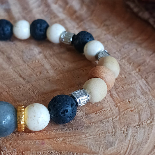 The Tri Hita Karana Power Bangles refer to the traditional philosophy of life, popular on the island of Bali, Indonesia. Tri = three, Hita = Happiness, Karana = elements.
Balance is all-important in the Tri Hita Karana. The combination of colours on this bangle has a deep meaning. White, Black, and Grey which are defined as a balance between Good, Evil, and the space between. Understanding that goodness and badness are things that cannot be separated in life and if they can be united then nature will be ba