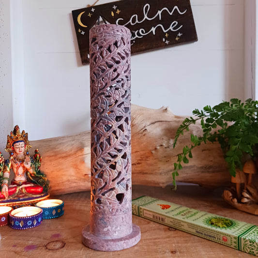 This hand carved soapstone incense tower is made in Agra, in a part of India famous for handcrafted stoneware as illustrated centuries ago by the intricate stonework on the Taj Mahal. The craft techniques for making this beautiful soapstone product has been passed down from generations.