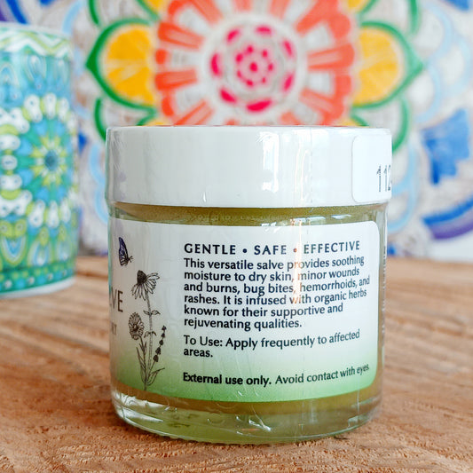 Certified Organic Herbal Healing Salve to use for wounds, rashes, itching and skin irritations.
