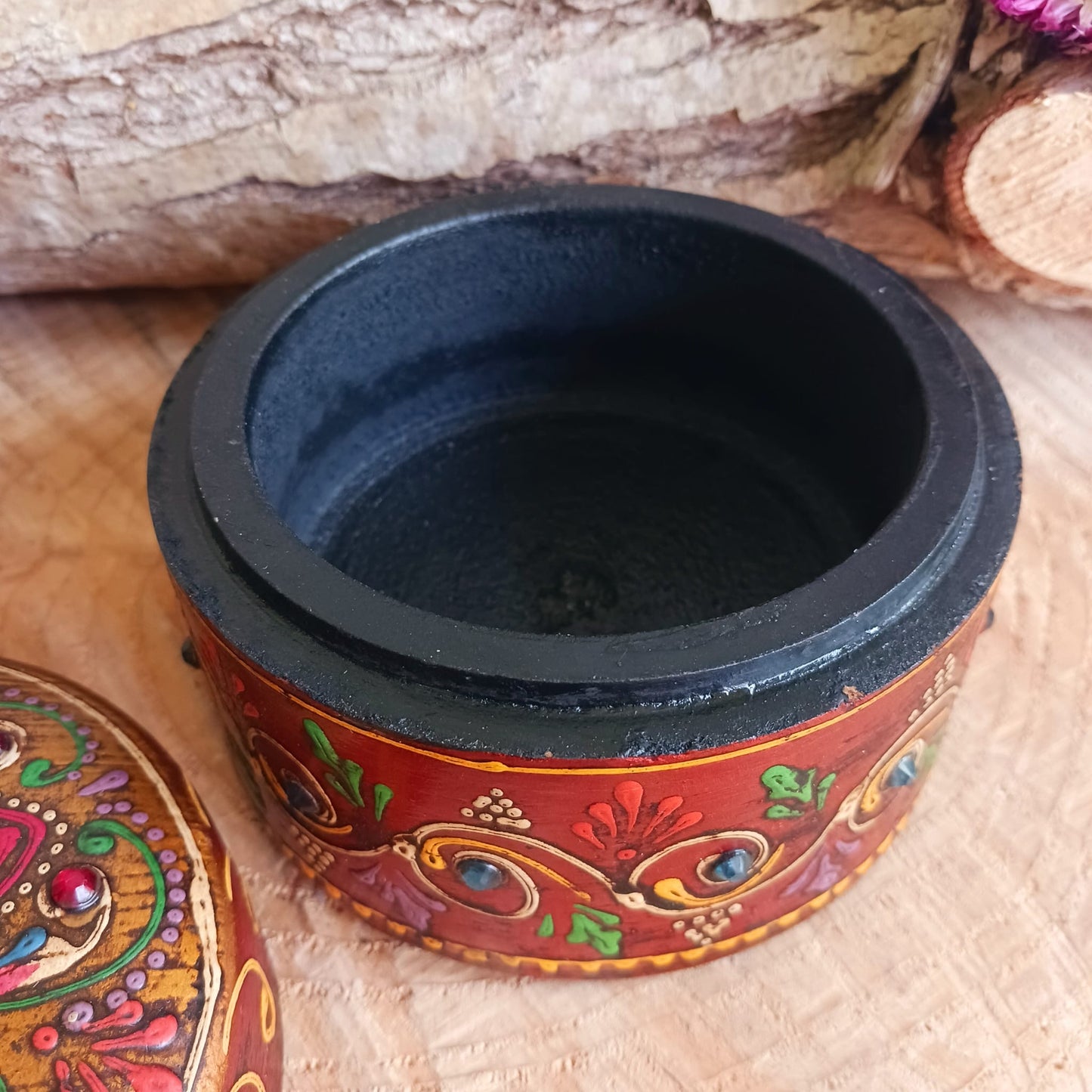 Hand painted Indian Round Jewellery Box | Trinket Box | Brown