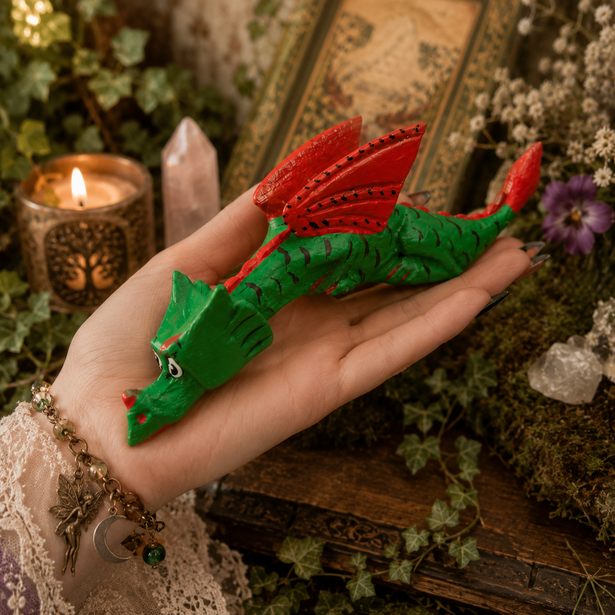 Hand Painted Green Dragon Shelf Sitter | Fantasy Dragon Home Decor