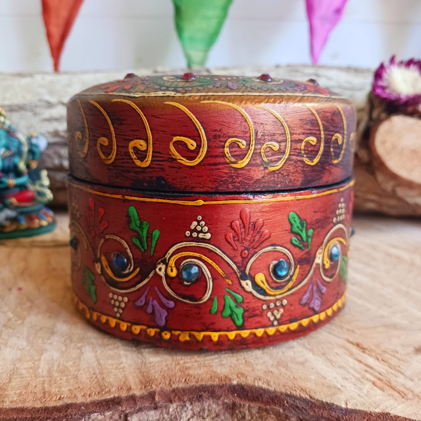 Hand painted Indian Round Jewellery Box | Trinket Box | Brown