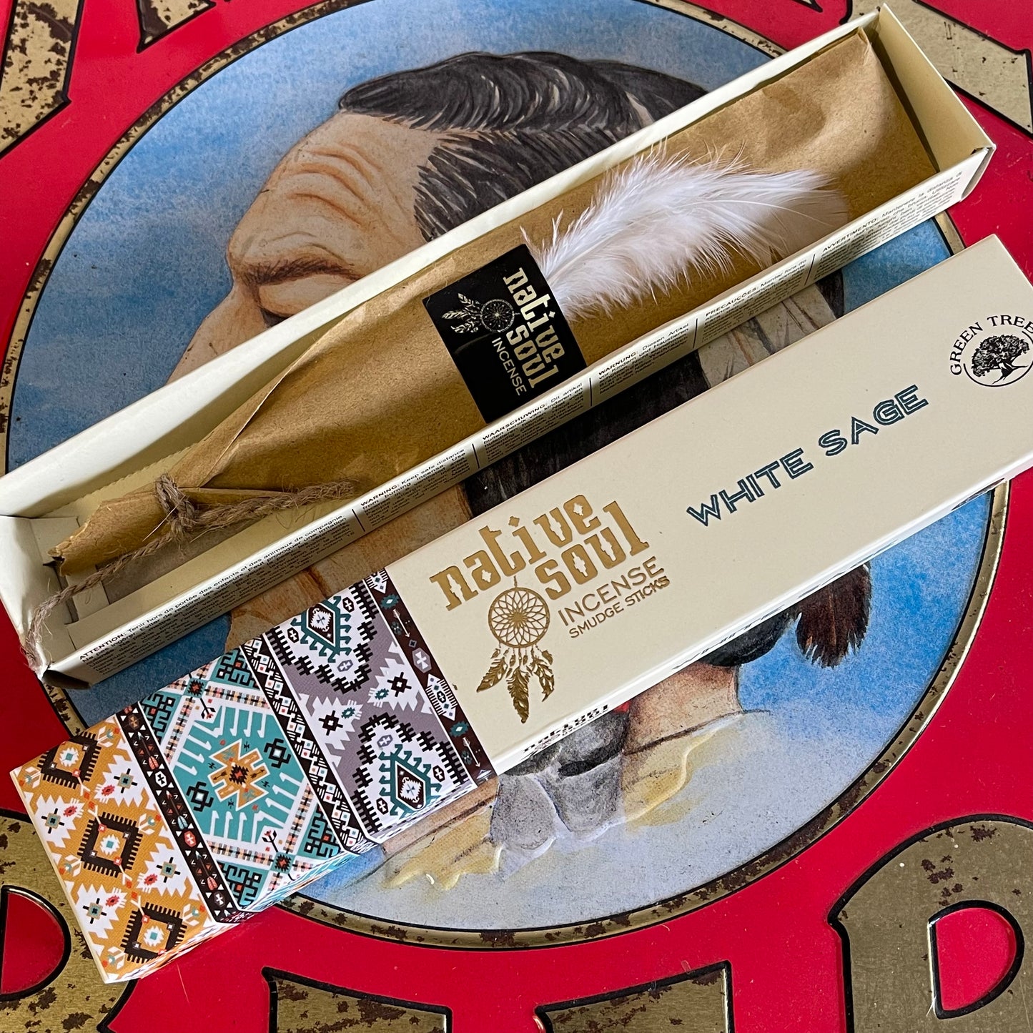 The Native Soul White Sage incense sticks are expertly blended to create a tranquil environment and promote inner balance. They come in a beautifully-designed sliding box with a native American print on the outside and a delicate feather on the inside, adding to the overall experience.