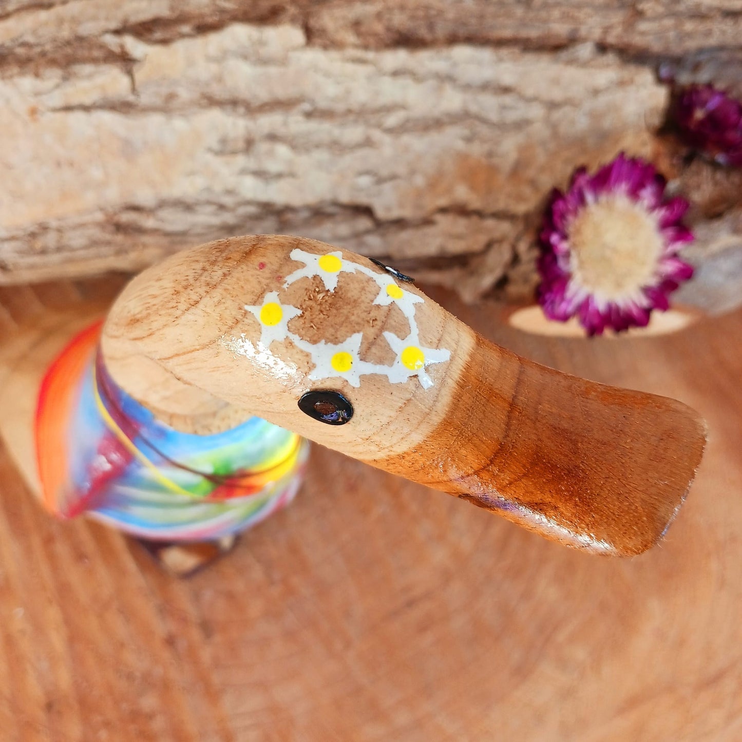 Handmade in Bali by skilled artisans using the root of fast growing bamboo, the carver decides on the shape and position of the duck by looking at the shape of the uncarved root, making each one unique.