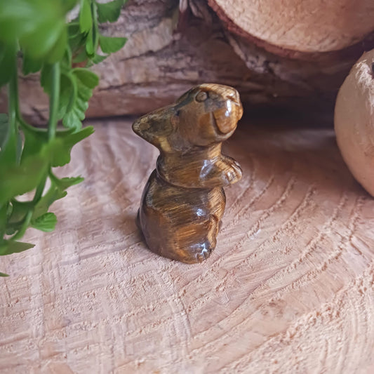 This cute little golden Tigers Eye rabbit has been hard carved from the stone with unique markings reminiscent of rich gold brown fur. As these are hand carved, each bunny is unique and individual.