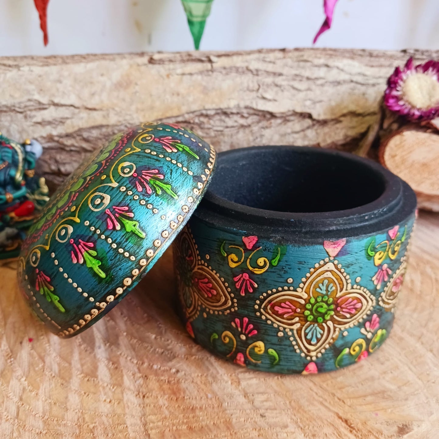 Hand painted Indian Round Jewellery Box | Trinket Box | Blue