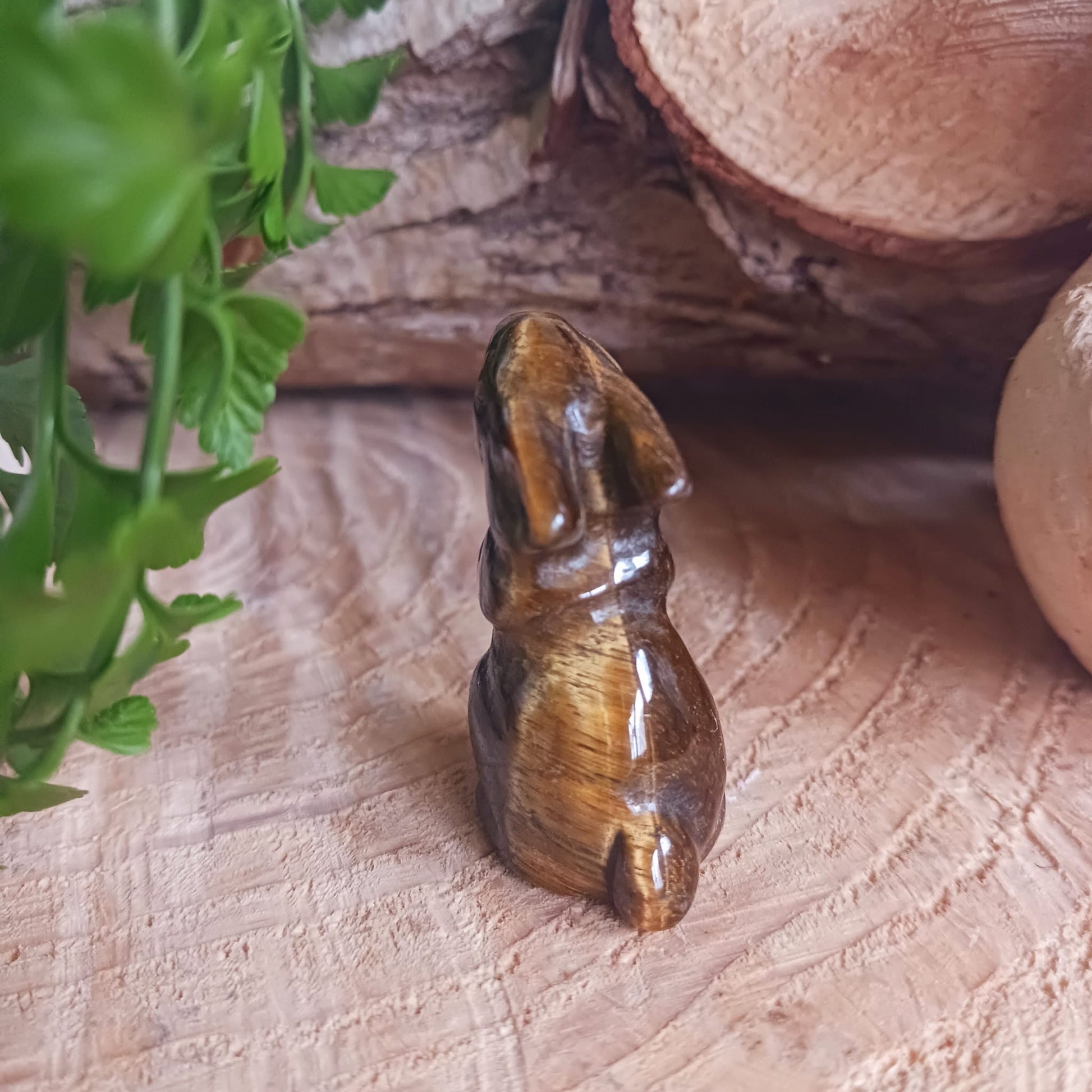 This cute little golden Tigers Eye rabbit has been hard carved from the stone with unique markings reminiscent of rich gold brown fur. As these are hand carved, each bunny is unique and individual.
