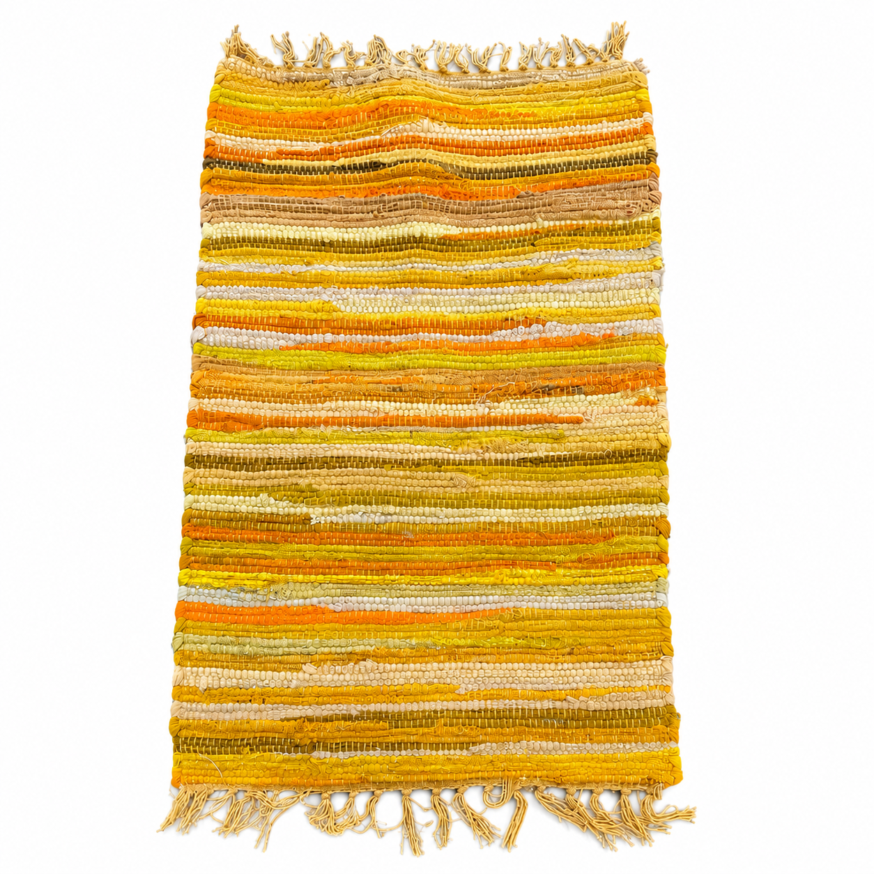 Premium handmade sunset yellow rag rug 50x90cm. Fairtrade cotton blend rug from India, ideal for kitchens, bathrooms, bedrooms and living spaces.
