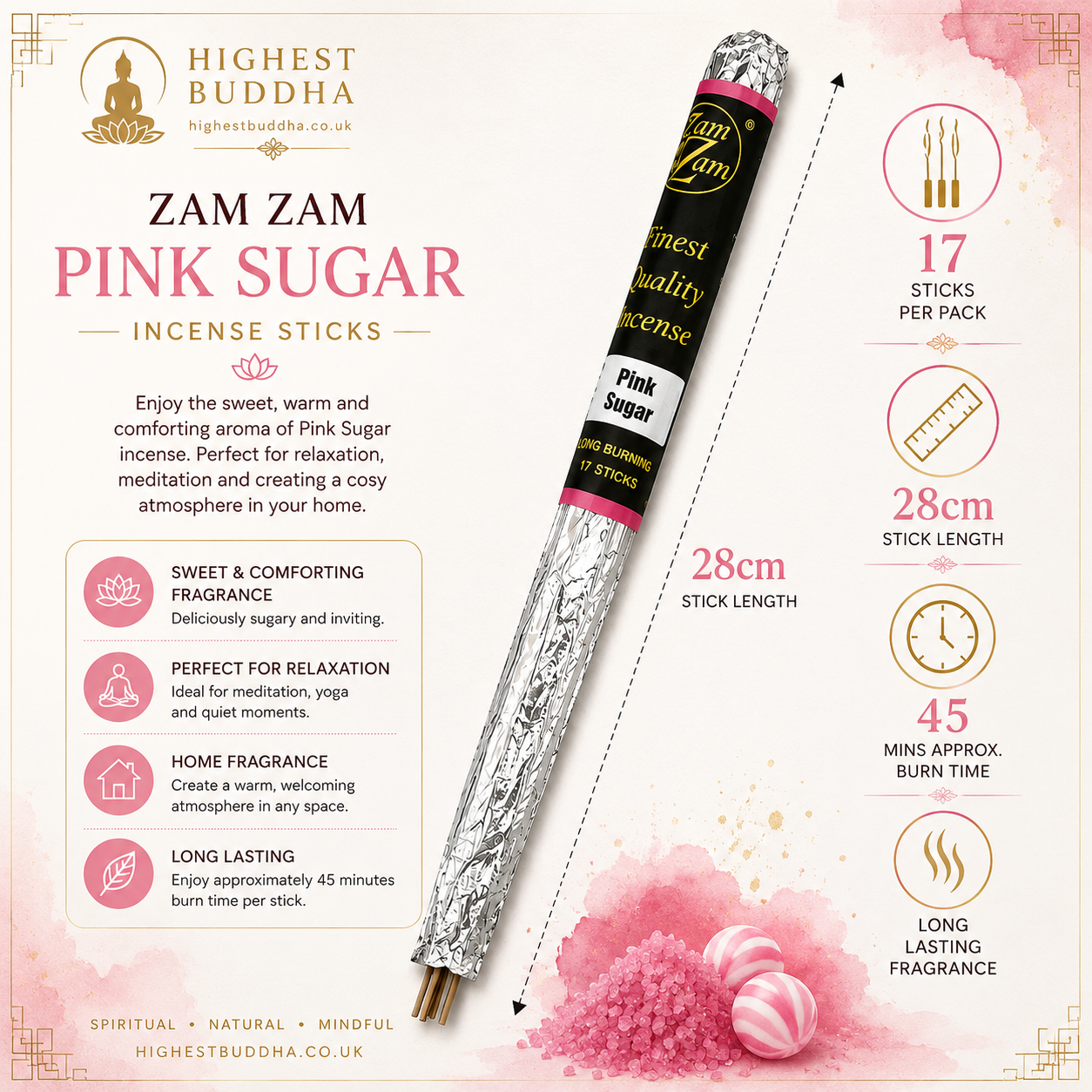 Enjoy the sweet, warm and comforting aroma of Zam Zam Pink Sugar incense. Its deliciously sugary fragrance is ideal for creating a cosy and inviting atmosphere in your home.
Perfect for relaxation, meditation, quiet moments or simply adding a beautiful fragrance to your living space.
Each pack contains 17 long-burning incense sticks.
