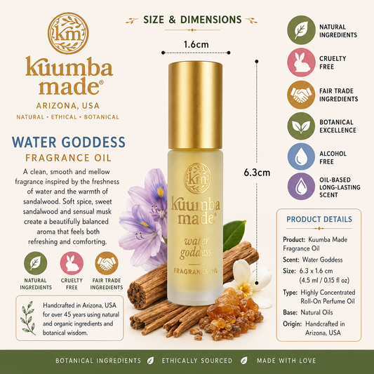 Kümba Made Water Goddess Fragrance Oil bottle shown on a beige infographic background with dimensions, ingredient icons, and product details. The bottle has a gold cap and clear glass body with pale golden liquid, alongside illustrations of lavender and sandalwood.