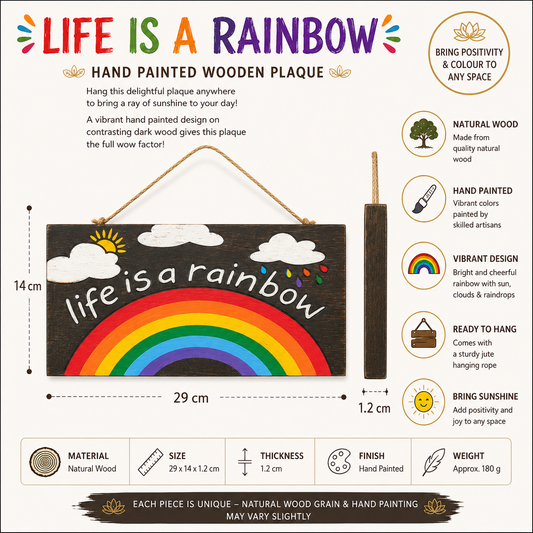 Bring positivity and color into your space with the Life is a Rainbow Wall Plaque. Handcrafted from dark wood and beautifully hand-painted with a vibrant rainbow design, this uplifting plaque adds charm and joy wherever it's displayed. Whether you hang it indoors or outside, its bold colors and inspiring message will brighten your day.