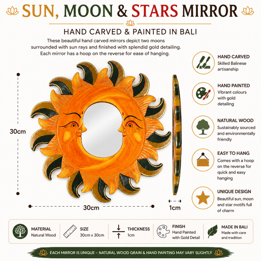 This exquisitely hand-carved mirror displays two moons within sunrays and is finished with sumptuous gold embellishments. A hoop on the reverse side promotes easy wall-hanging and the piece is certified Fairtrade, expertly handcrafted in Indonesia.
