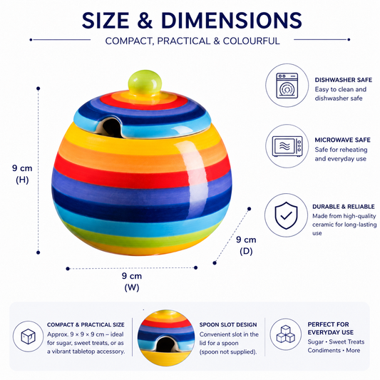 Shop the Rainbow Stripe Ceramic Sugar Bowl, handmade and Fairtrade from Thailand. Vibrant hand-painted stripes, 10x8cm size, dishwasher & microwave safe. Unique and colorful!