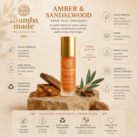 Kuumba Made Amber & Sandalwood Fragrance Oil is a rich, grounding blend that weaves together the soft golden warmth of amber with the creamy, meditative depth of sandalwood. Smooth, earthy, and quietly sensual, this timeless scent is deeply calming and spiritually centring, making it ideal for daily wear, ritual use, or moments of reflection. Handcrafted in Arizona by Kuumba Made, this highly concentrated perfume oil is alcohol free, vegan, cruelty free, and Fair Trade. Blended with nourishing jojoba an