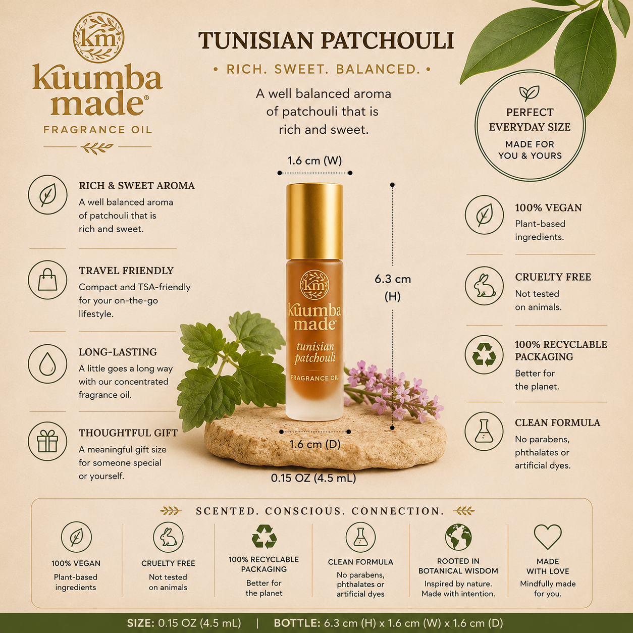 Kuumba Made Tunisian Patchouli Fragrance Oil is a deep, earthy scent with a rich, grounding presence rooted in ancient ritual and natural perfumery. This classic patchouli aroma is clean, smooth, and full-bodied, offering warmth and balance without heaviness. Handcrafted in Arizona by Kuumba Made, this highly concentrated fragrance oil is blended using natural fragrance suspended in nourishing jojoba and safflower oils. Alcohol free, vegan, cruelty free, and Fair Trade, it is designed for long-lasting wear