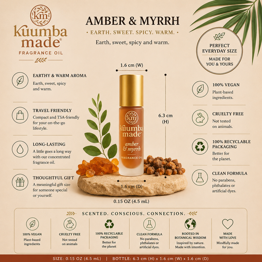 Kuumba Made Amber & Myrrh Fragrance Oil is a deep, resinous blend rooted in ancient ritual and spiritual tradition. Warm amber brings a soft, golden sweetness, while sacred myrrh adds earthy depth and quiet mystery. The result is a grounding, meditative scent long associated with protection, reflection, and spiritual connection. Handcrafted in Arizona by Kuumba Made, this highly concentrated perfume oil is alcohol free, vegan, cruelty free, and Fair Trade. Made with natural oils and ethically sourced in