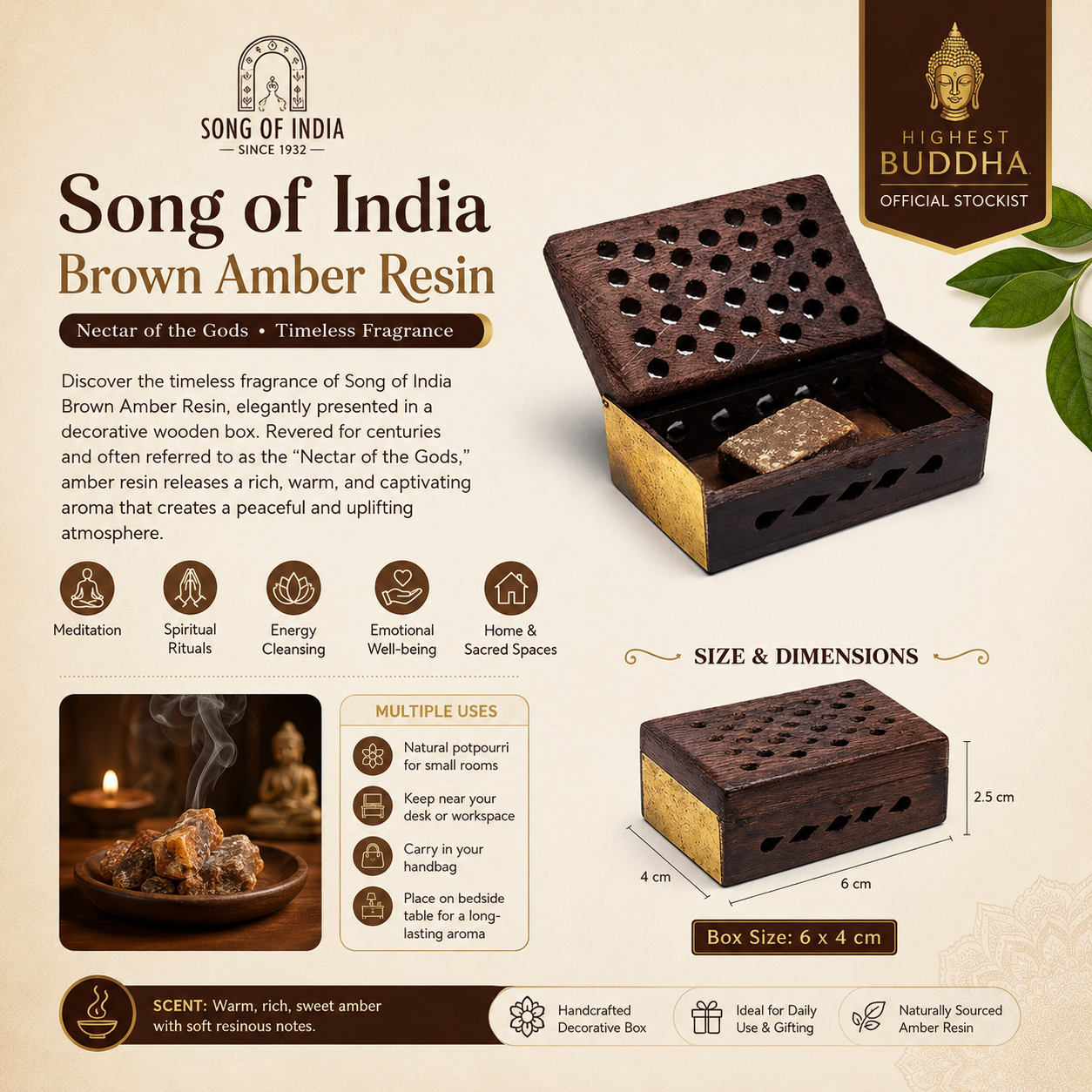 Discover the timeless fragrance of Song of India Brown Amber Resin, elegantly presented in a decorative wooden box. Revered for centuries and often referred to as the "Nectar of the Gods," amber resin releases a rich, warm, and captivating aroma that creates a peaceful and uplifting atmosphere.
Traditionally used in meditation, spiritual rituals, energy cleansing, and emotional well-being practices, this beautiful resin helps create a calming environment for relaxation and mindfulness. Its luxurious fragra