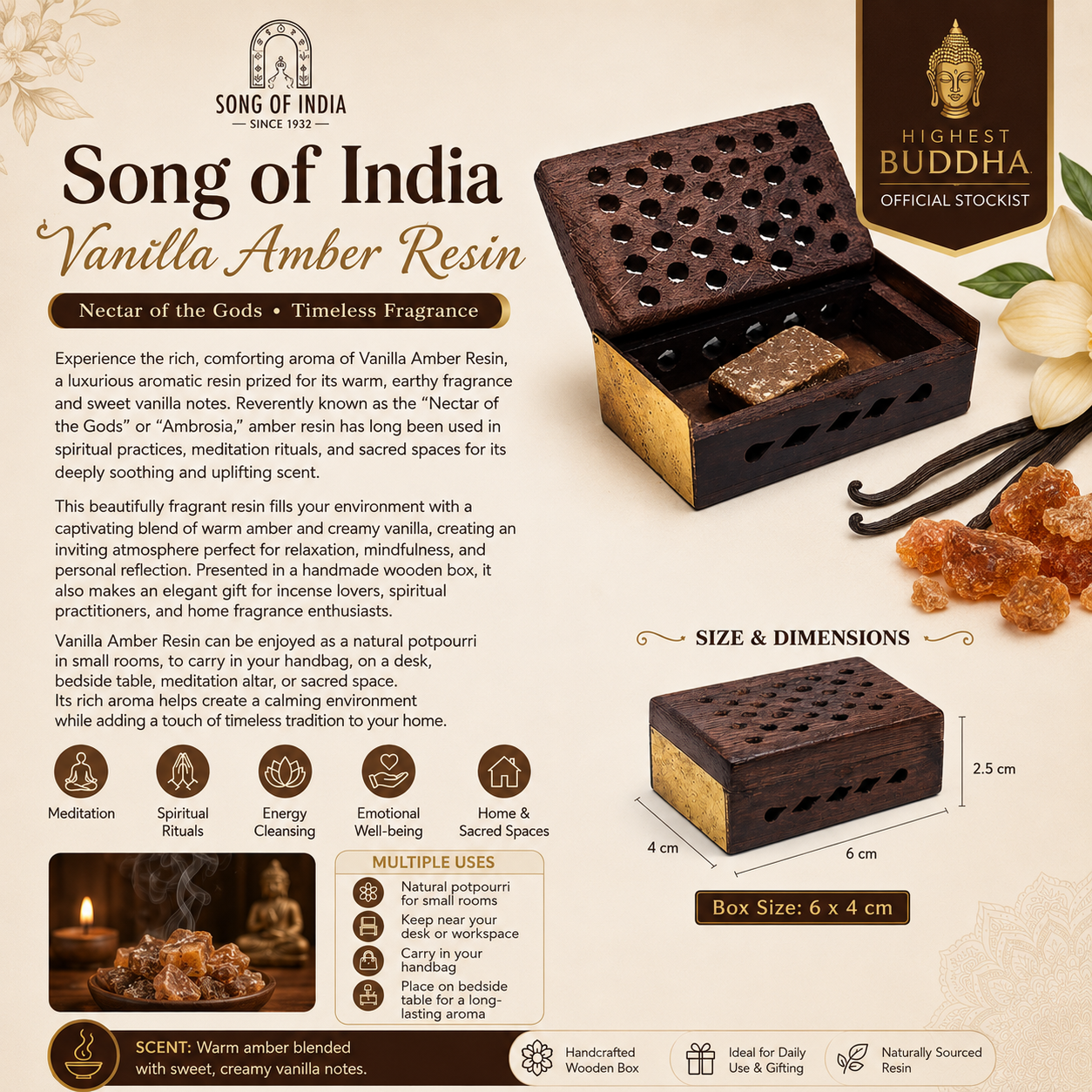 Experience the rich, comforting aroma of Vanilla Amber Resin, a luxurious aromatic resin prized for its warm, earthy fragrance and sweet vanilla notes. Reverently known as the "Nectar of the Gods" or "Ambrosia," amber resin has long been used in spiritual practices, meditation rituals, and sacred spaces for its deeply soothing and uplifting scent.
This beautifully fragrant resin fills your environment with a captivating blend of warm amber and creamy vanilla, creating an inviting atmosphere perfect for rel