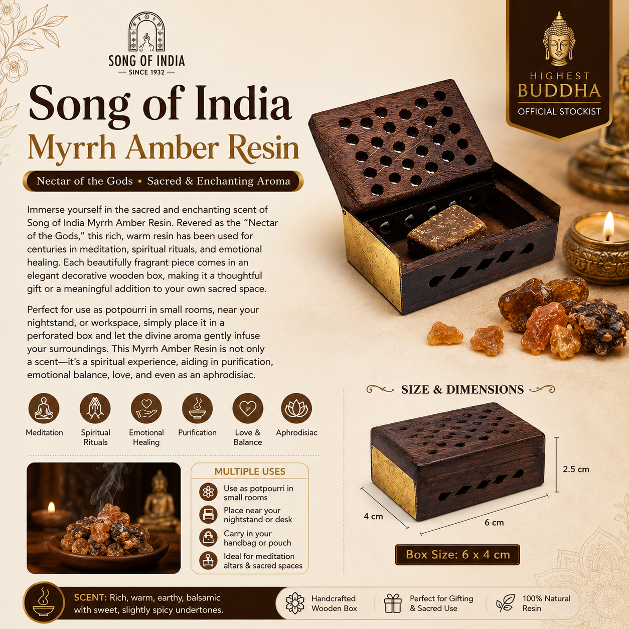 Immerse yourself in the sacred and enchanting scent of Song of India Myrrh Amber Resin. Revered as the "Nectar of the Gods," this rich, warm resin has been used for centuries in meditation, spiritual rituals, and emotional healing. Each beautifully fragrant piece comes in an elegant decorative wooden box, making it a thoughtful gift or a meaningful addition to your own sacred space.
Perfect for use as potpourri in small rooms, near your nightstand, or workspace, simply place it in a perforated box and let