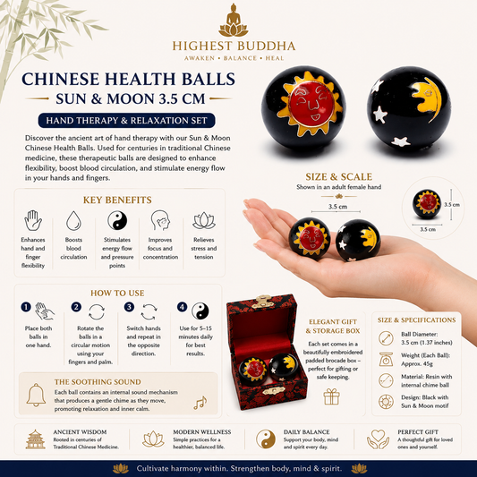 Discover the ancient art of hand therapy with our Chinese Health Balls. Used for centuries in traditional Chinese medicine, these therapeutic balls are designed to enhance flexibility, boost blood circulation, and stimulate energy flow in your hands and fingers.