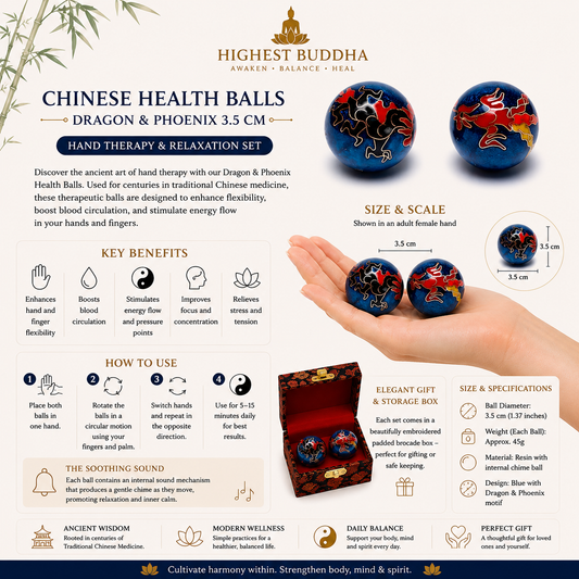 Traditional Chinese health balls used for centuries to stimulate energy points in the palms and improve hand flexibility. Rolling these chrome-plated steel balls in your hands massages meridian points, promoting circulation and a sense of well-being. Each ball measures approximately 4 cm with internal bells for gentle sound. Comes as a set of two in a padded silk brocade box. Easy to maintain with light oil or wax. Available in red, blue, or green boxes—message us with your colour preference when ordering.