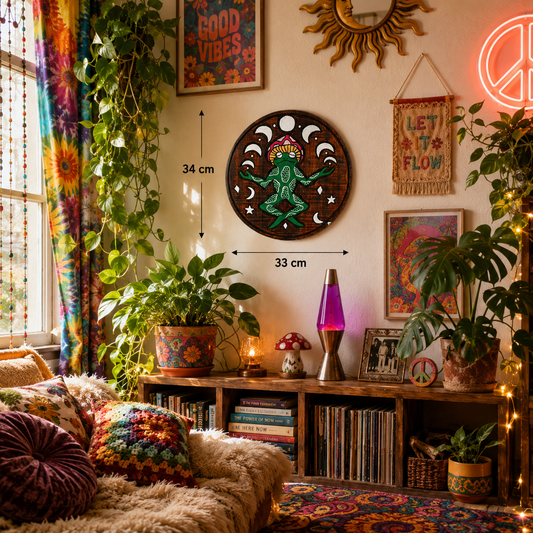 Hand Carved Meditating Frog Wall Plaque displayed in a vibrant boho-inspired living room. The round wooden wall hanging features a green frog in a lotus meditation pose beneath moon phases and celestial symbols. Measuring approximately 33cm x 34cm, the plaque is shown to scale on a wall surrounded by colourful psychedelic artwork, lush houseplants, macramé décor, a lava lamp, vinyl records, and warm ambient lighting. The eclectic hippie-style interior creates a groovy, spiritual atmosphere perfect for medit