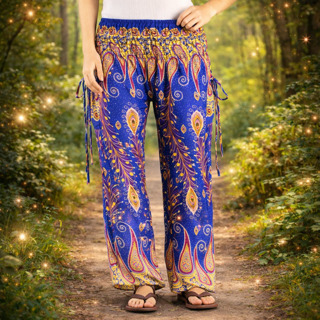 Peacock Feather Festival Trousers – Free size Rayon Hippie Pants
Peacock print rayon palazzo trousers handmade in Thailand. Lightweight, flowing festival, travel and meditation pants.
