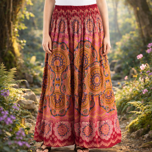 Mandala print rayon long skirt handmade in Thailand. Freesize festival skirt for travel, meditation and summer boho style.