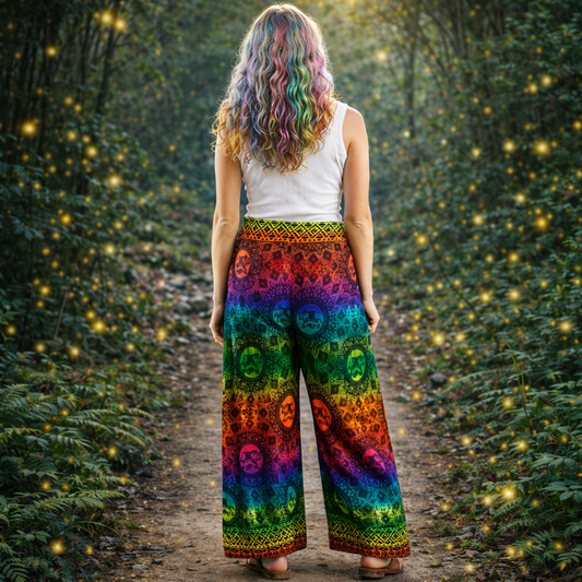Rainbow Print Tie Waist Rayon Trousers Elephant Festival Pants
Peacock print rayon palazzo trousers handmade in Thailand. Lightweight, flowing festival, travel and meditation pants.