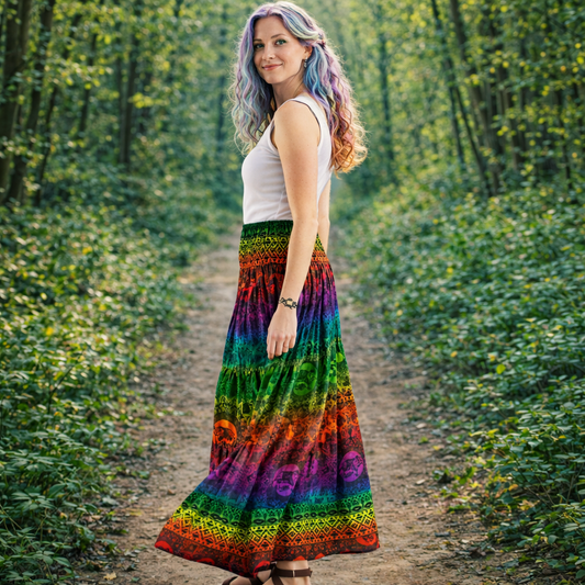 Rainbow print rayon long skirt with elephant mandala design. Freesize festival skirt handmade in Thailand for travel and summer wear.