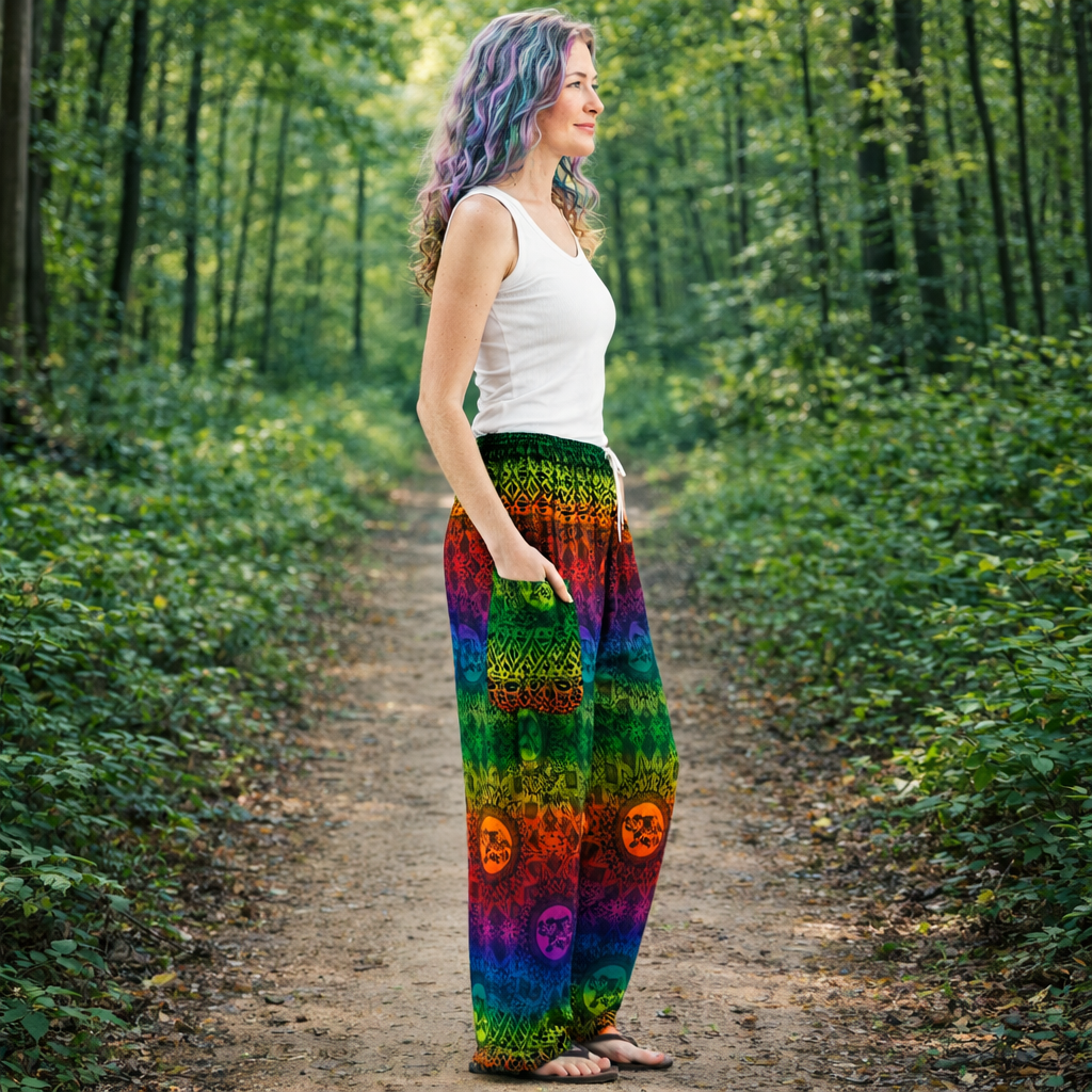 Rainbow Print Tie Waist Rayon Trousers – Elephant Mandala Festival Pants