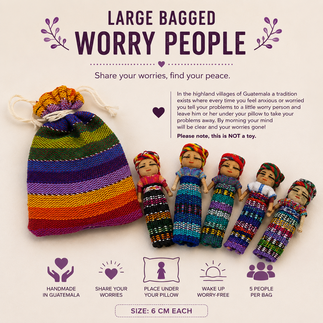 Guatemalan Worry People in Colourful Drawstring Pouch