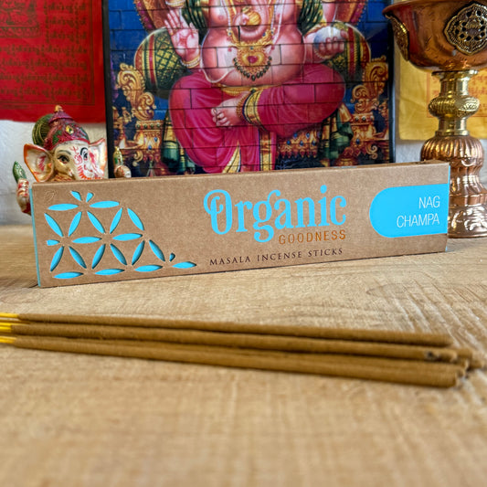 Elevate your senses with Organic Goodness Song of India Nag Champa Incense, a hand-rolled masterpiece made in India. This exquisite incense is crafted from 96% organic materials, blending natural wood powder and herbal essential oils for an authentic masala incense experience.
Nag Champa's signature aroma combines sweet, floral notes with a warm, woody undertone and a hint of exotic spice, creating a calming, grounding atmosphere perfect for meditation, relaxation, or spiritual rituals.
Our Organic Goodne