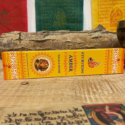 Ayurvedic Amber masala incense sticks offer a pure and natural aroma, made with a thoughtful blend of essential oils and all-natural ingredients including premium resins, oils, herbs, petals, and honey. The rich, warm scent of amber is ideal for creating a soothing atmosphere perfect for meditation, yoga, and spiritual cleansing. These incense sticks promote  relaxation and help cultivate a harmonious environment, supporting overall well-being
