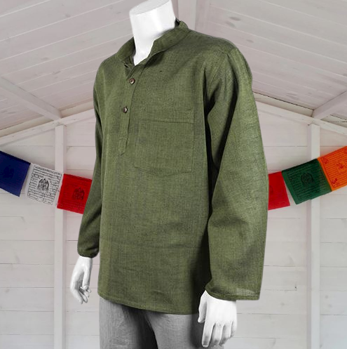 Nepalese Plain Colour Shirt | Khaki Green Cotton Grandad Hippie shirt
