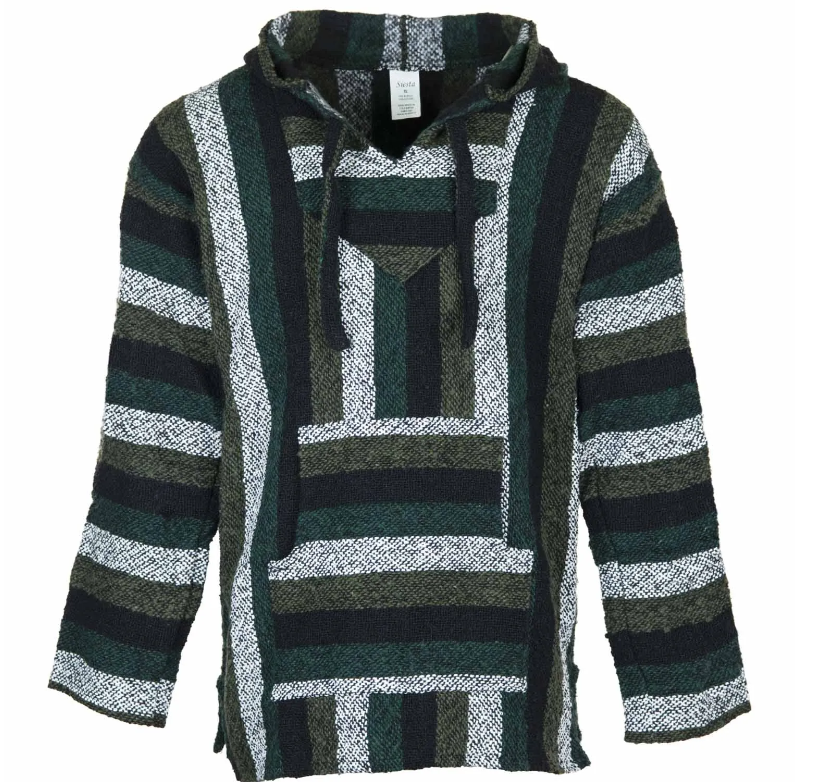 Mexican Jergas or Baja tops are very practical hooded outwear made from a cotton acrylic blend which gives them a durable rustic exterior with a soft, cosy brush interior.
The weave of the fabric makes the Baja both breathable and warm and therefore a firm favourite for festivalgoers and people involved in outdoor sporting activities. The tops are great for cool summer evenings and are available in sizes generous enough to wear with multiple layers underneath.