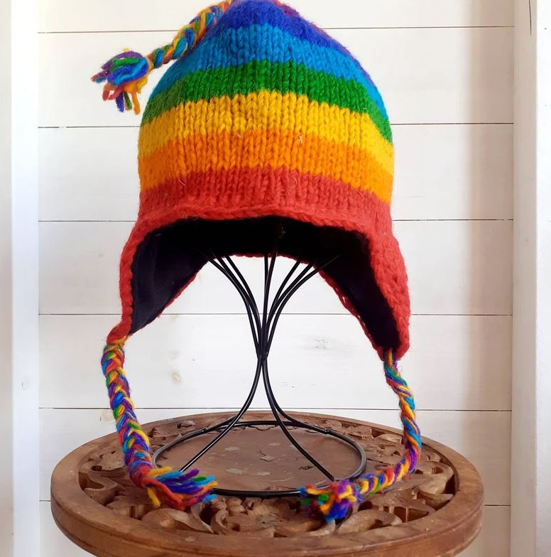 Tibetan Rainbow Earflap hats Merino wool Nepal (Adult)