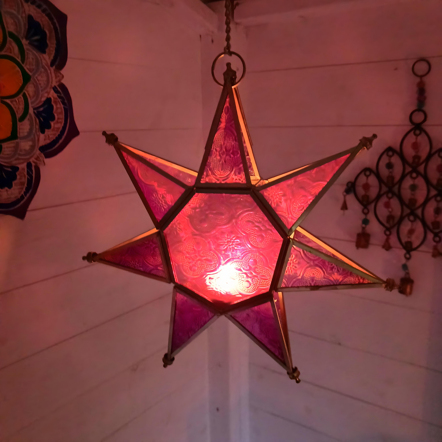 Moroccan Style Star Glass Candle Lantern | Pink & Purple