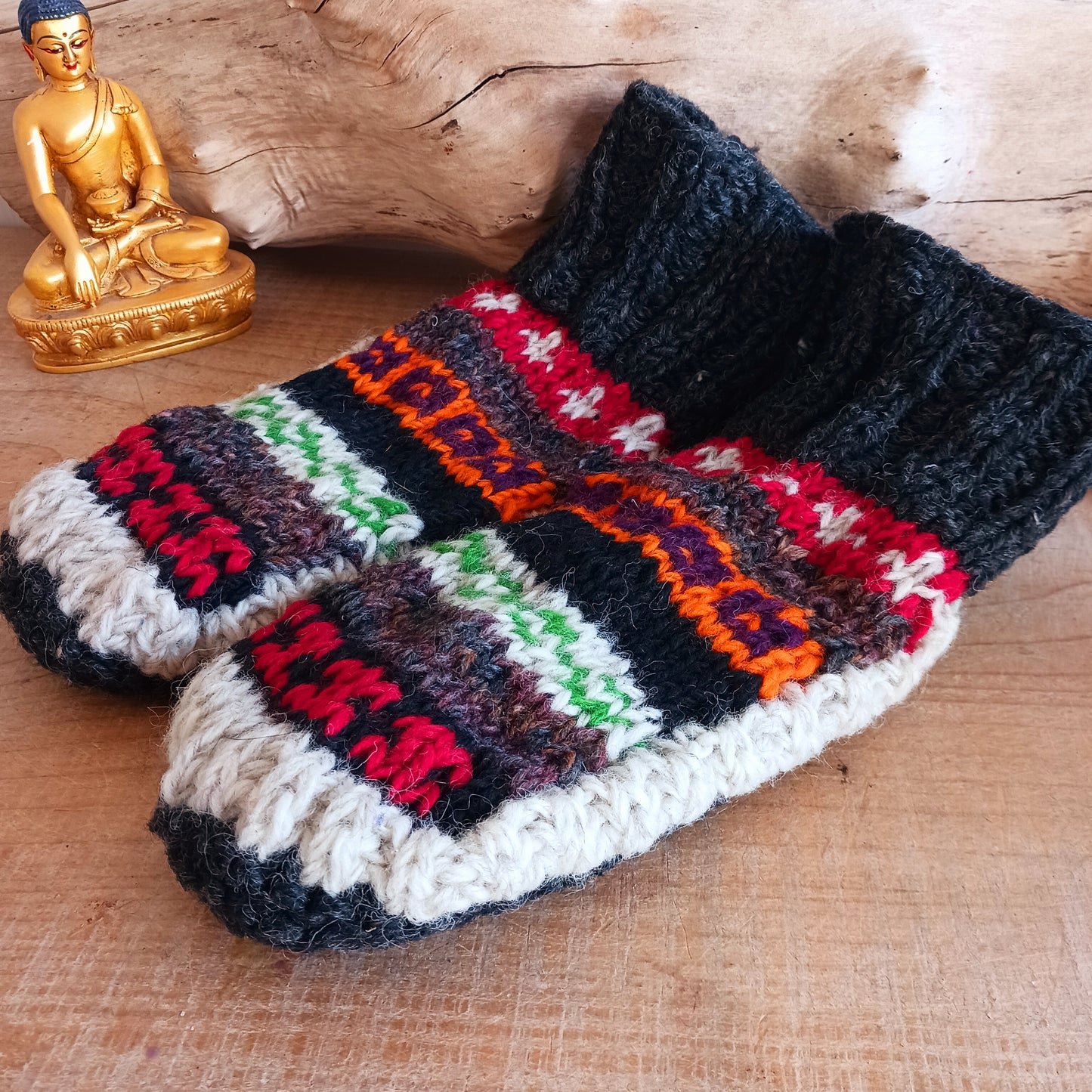 These lovely Meditation Mules are handmade and Fairtrade from Nepal. Ideal to keep your feet warm and toasty during the cold winter months, or as a gift for family and friends.