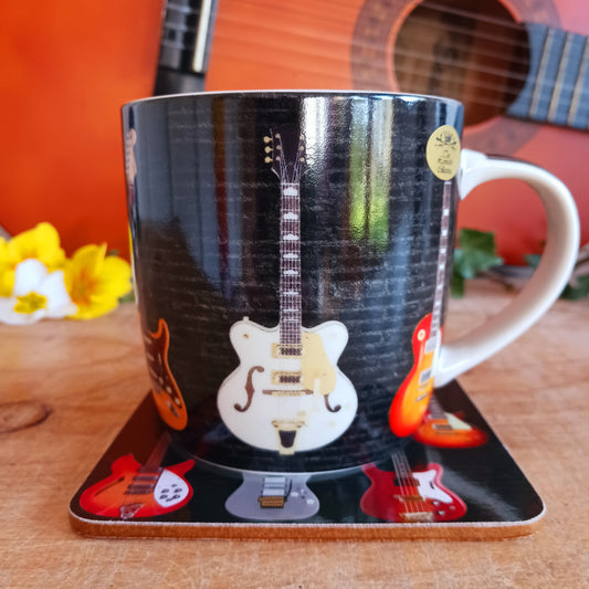A fine china mug with print of a selection of guitars, plus matching cork-backed coaster. Perfect for the guitar player in your life. With a simple but striking design, this mug and coaster set is a great addition to any collection.
