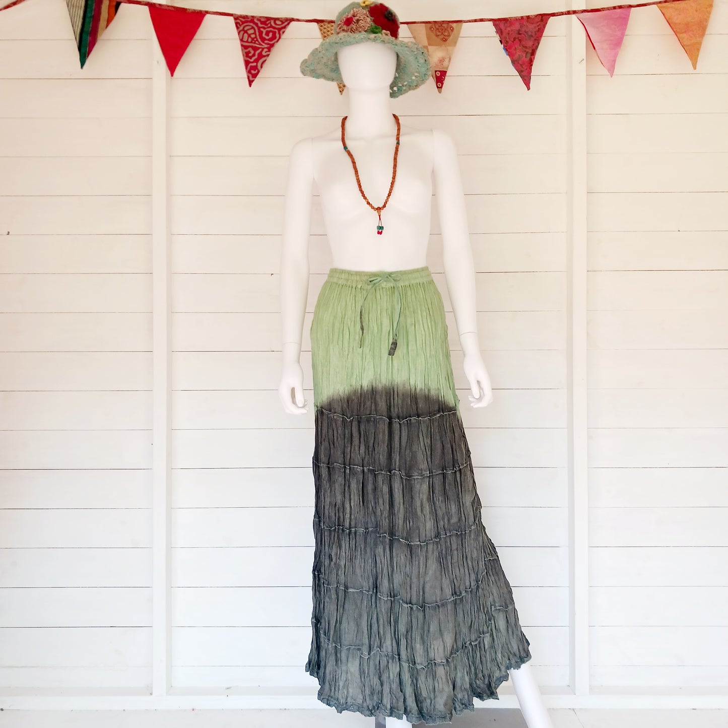 This beautiful Indian crinkle skirt is lovely and light so you can move with ease and comfort on a sunny day or a hot night. Made from rayon crepe, you can’t go wrong with this lovely skirt, it will add to your flowing summer style. And as rayon is quick drying, it also makes this a great beach cover up skirt.